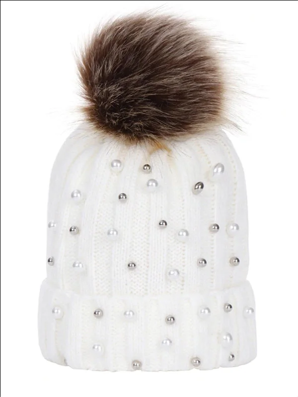 Girls Cable Knit Pearl Embellished Winter Beanie