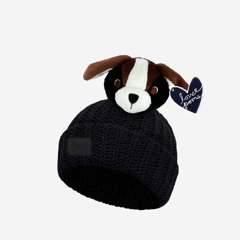 Baby Black Pom Beanie with Dog Love Pom