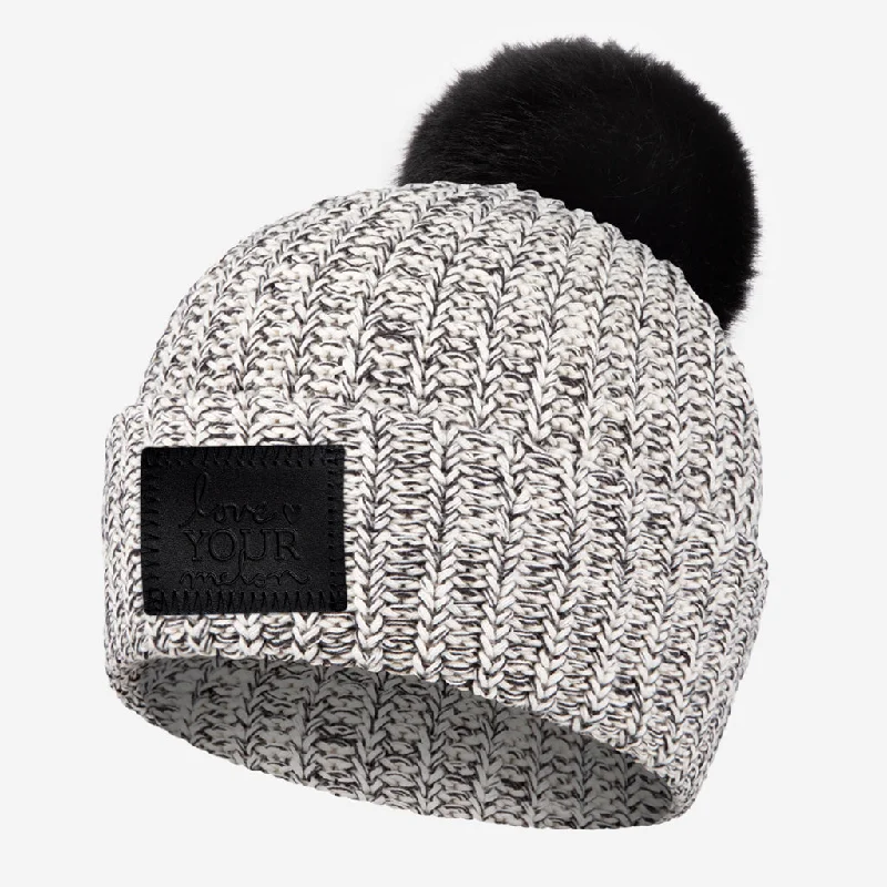 Black Speckled Pom Beanie (Black Leather Patch)