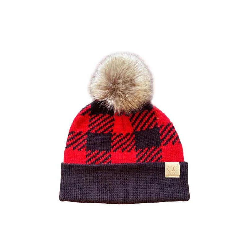 BP-43-KIDS Buffalo Plaid Beanie w/Faux Fur Pom - Red/Black