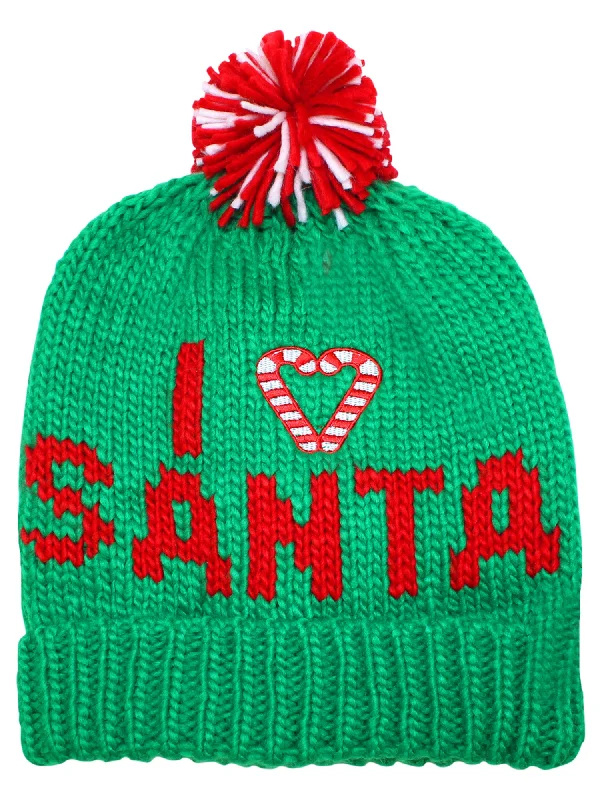 Green Knit I Love Santa Holiday Beanie Hat With Pom Pom