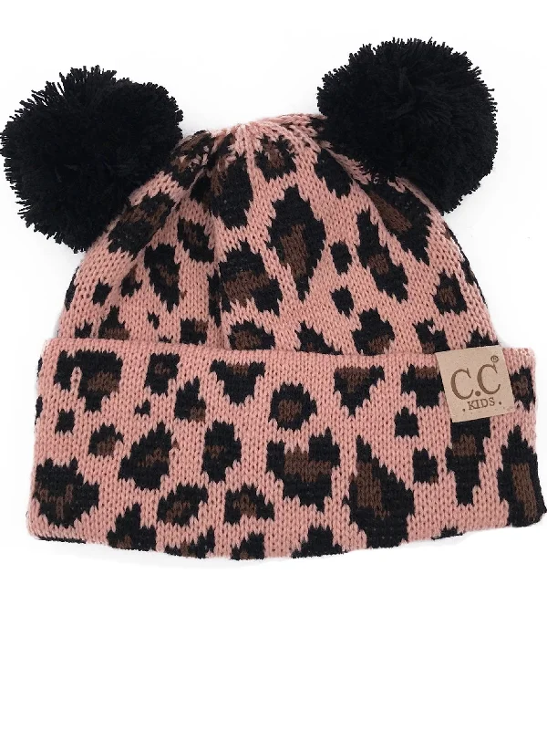 KIDS-80 Pom Pom Beanie Indi Pink Leopard