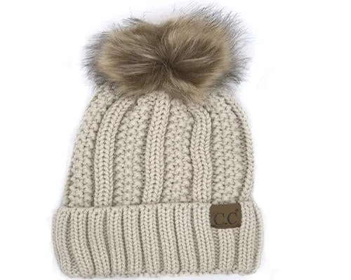 KIDS-820-BEIGE SHERPA LINED BEANIE W/FAUX FUR POM - BEIGE