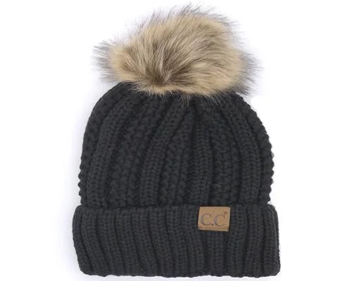 KIDS-820-BLACK SHERPA LINED BEANIE W/FAUX FUR POM - BLACK