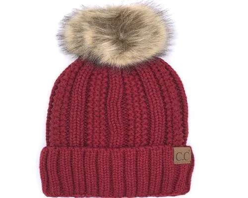 KIDS-820-RED SHERPA LINED BEANIE W/FAUX FUR POM - RED