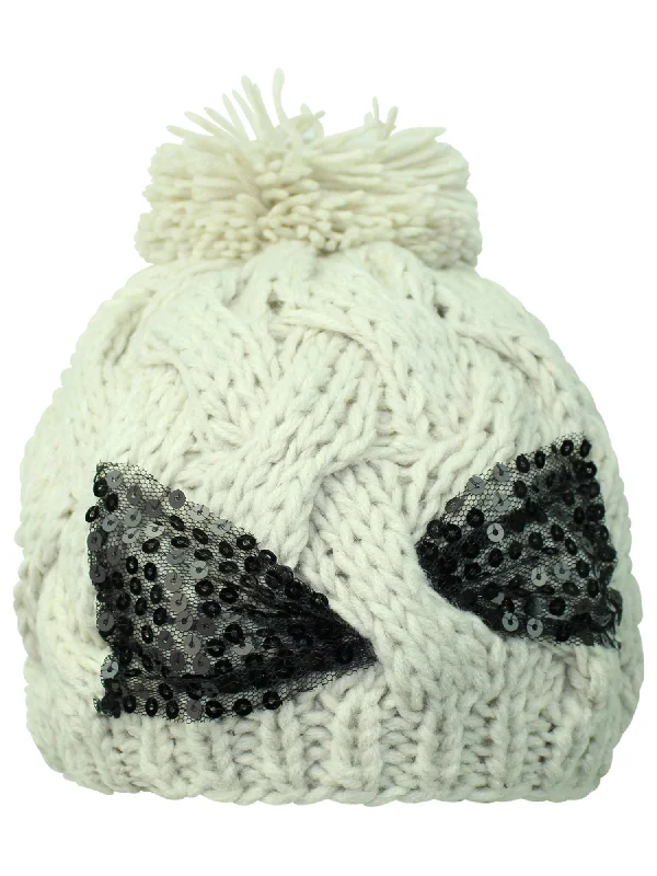 Cable Knit Beanie Cap With Sequin Bow