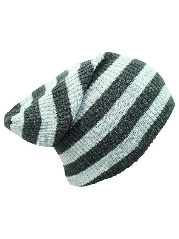 Light Gray Striped Knit Slouchy Beanie Cap Hat