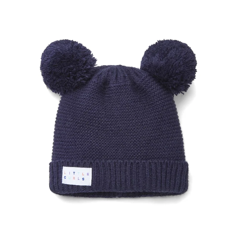 Little Curls Satin Lined Double Pom Beanie Hat - Navy