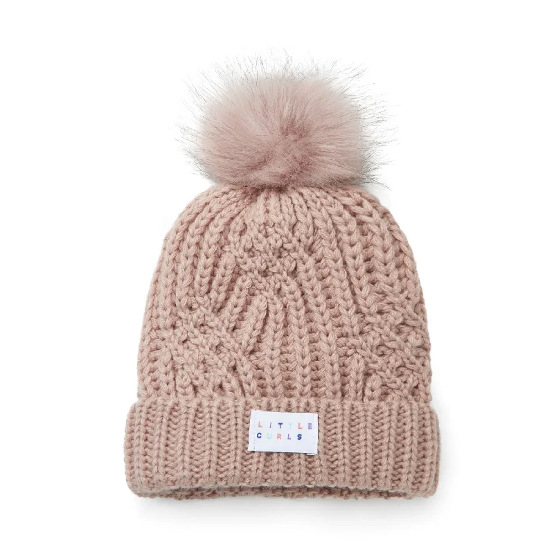 Little Curls Satin Lined Knitted Beanie Hat - Dusty Pink with Pom Pom