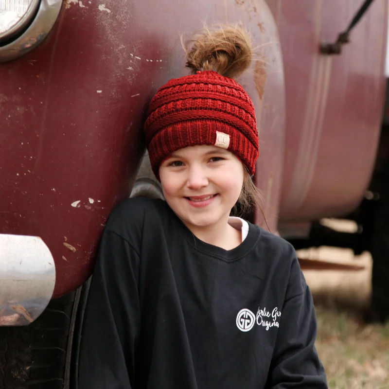 MB-847-KID Red Messy Bun Beanie