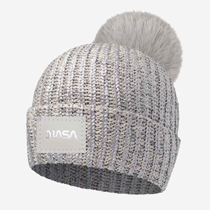 NASA Silver Brushed Metallic Pom Beanie