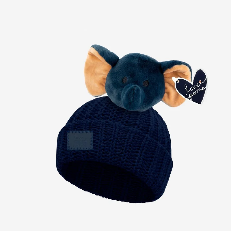 Baby Navy Pom Beanie with Elephant Love Pom