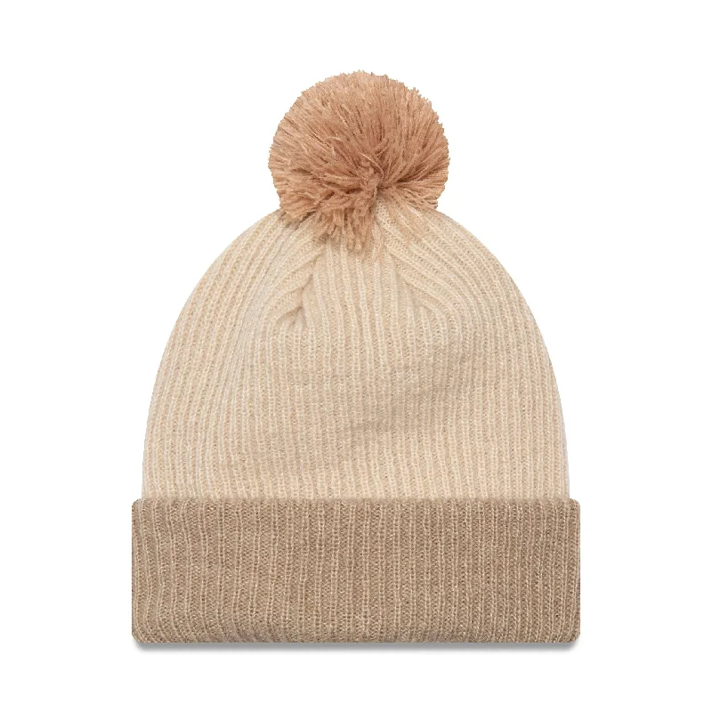 New Era Womens Block Light Beige Bobble Knit Beanie Hat