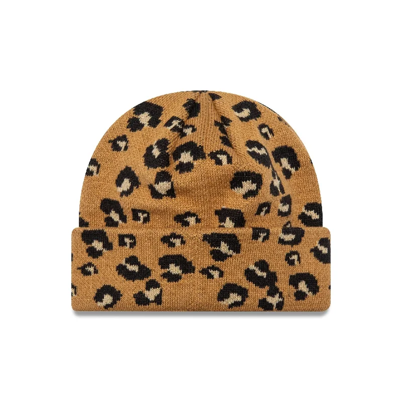 New Era Womens Leopard Light Beige Wide Cuff Knit Beanie Hat