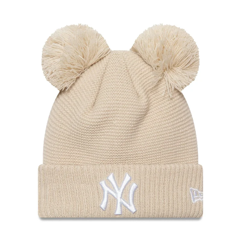 New York Yankees Womens Light Beige Double Bobble Knit Beanie Hat