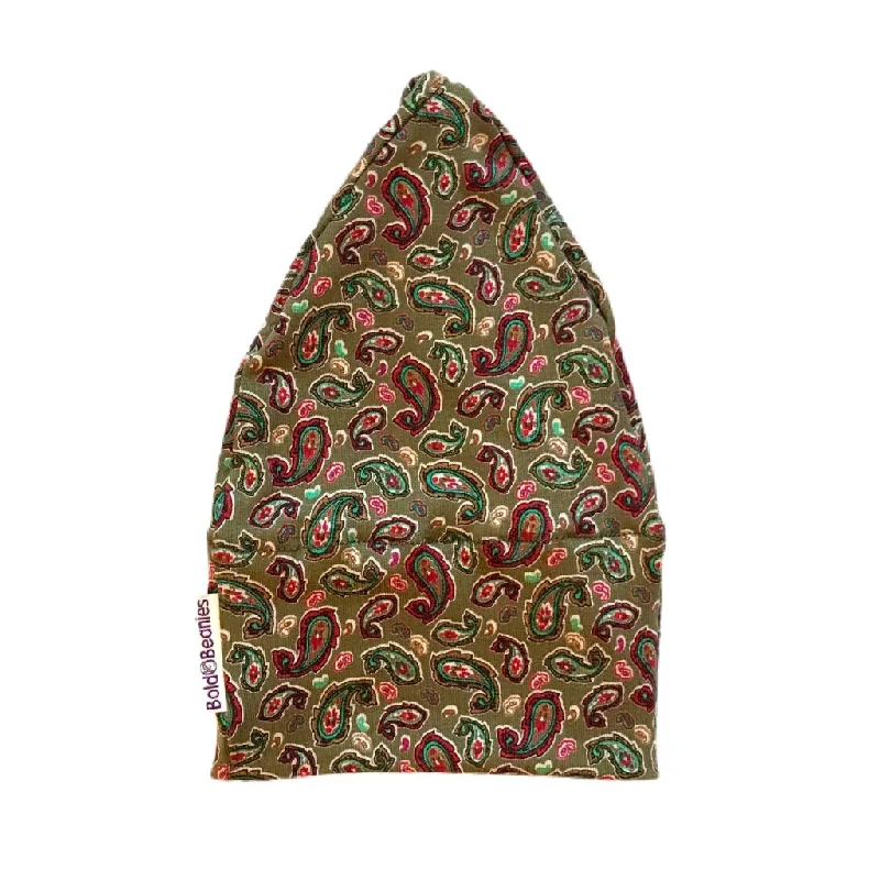 Olive Paisley Mens Bald Beanie Hat