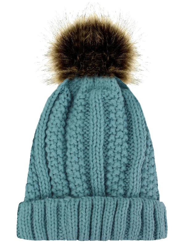 Ribbed Knit Faux Fur Lined Beanie Cap Hat With Fur Pom Pom