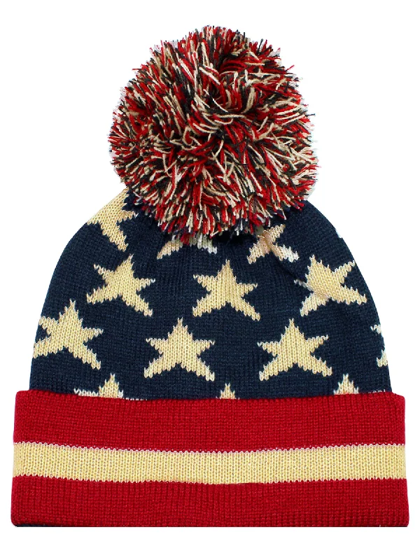 Vintage Red White & Blue American Flag Knit Pom Pom Beanie Hat