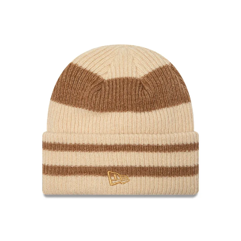 Womens New Era Stripe Beige Cuff Knit Beanie Hat